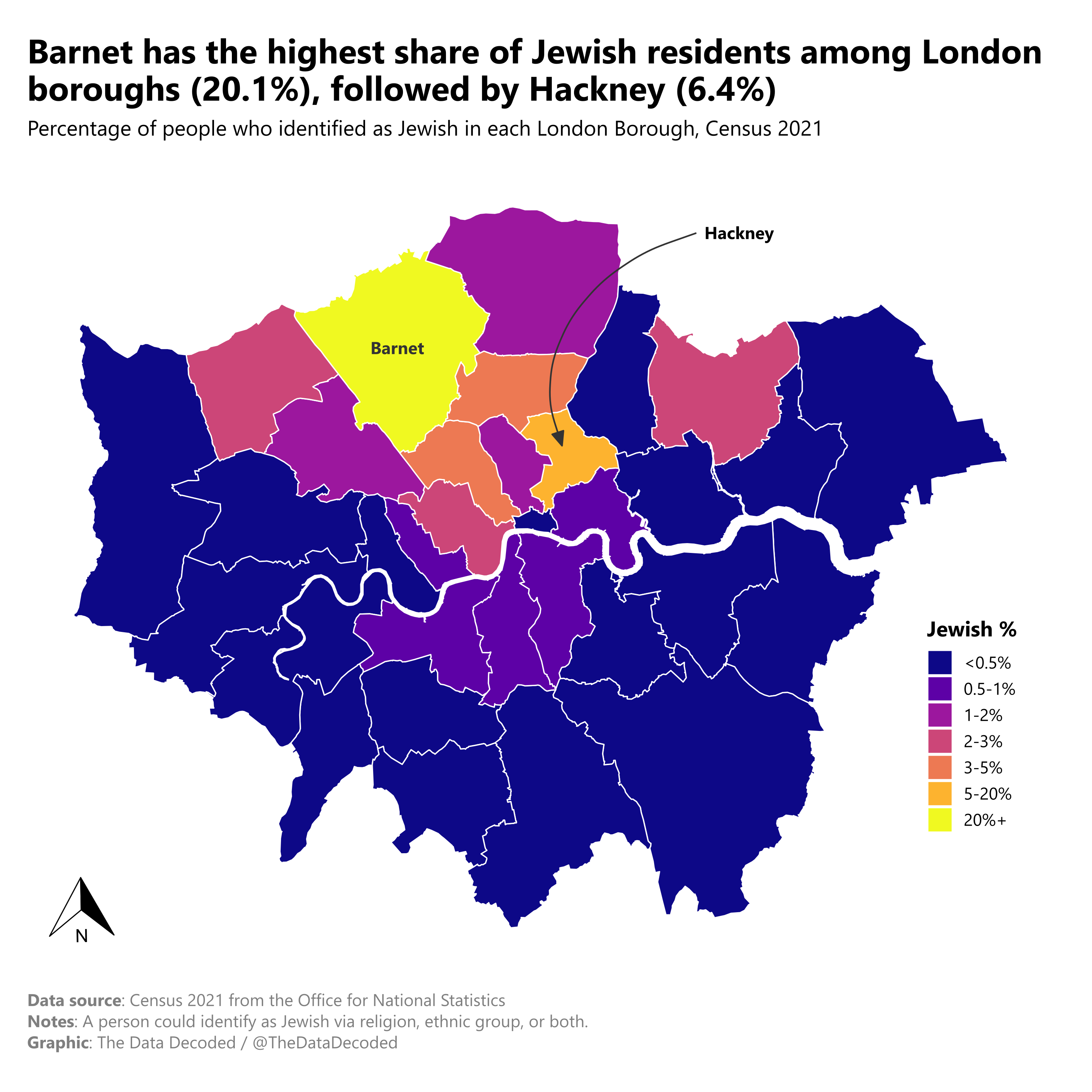 Map of the share of residents identifying as Jewish in each London borough in the 2021 Census.