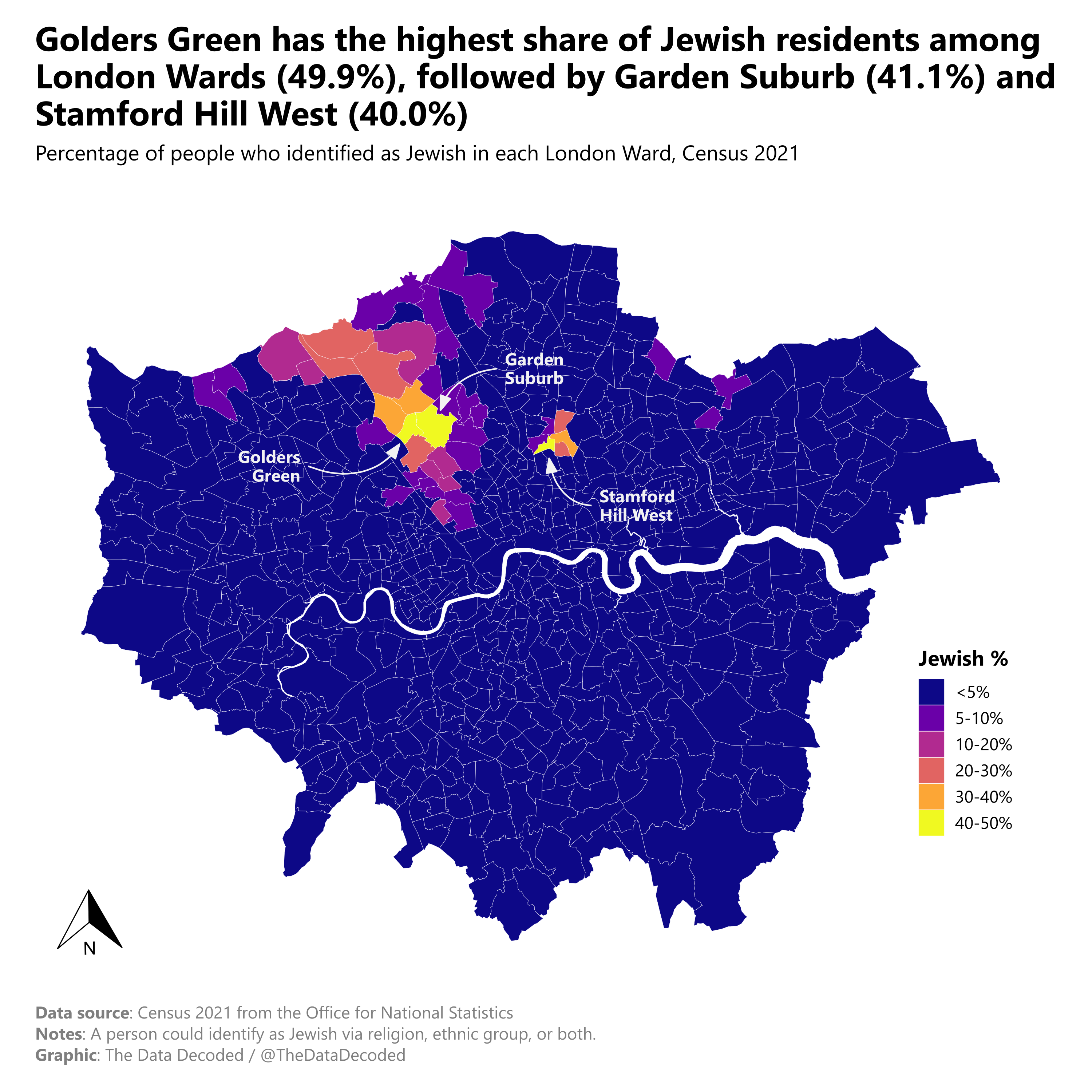 Map of the share of residents identifying as Jewish in each London ward in the 2021 Census.