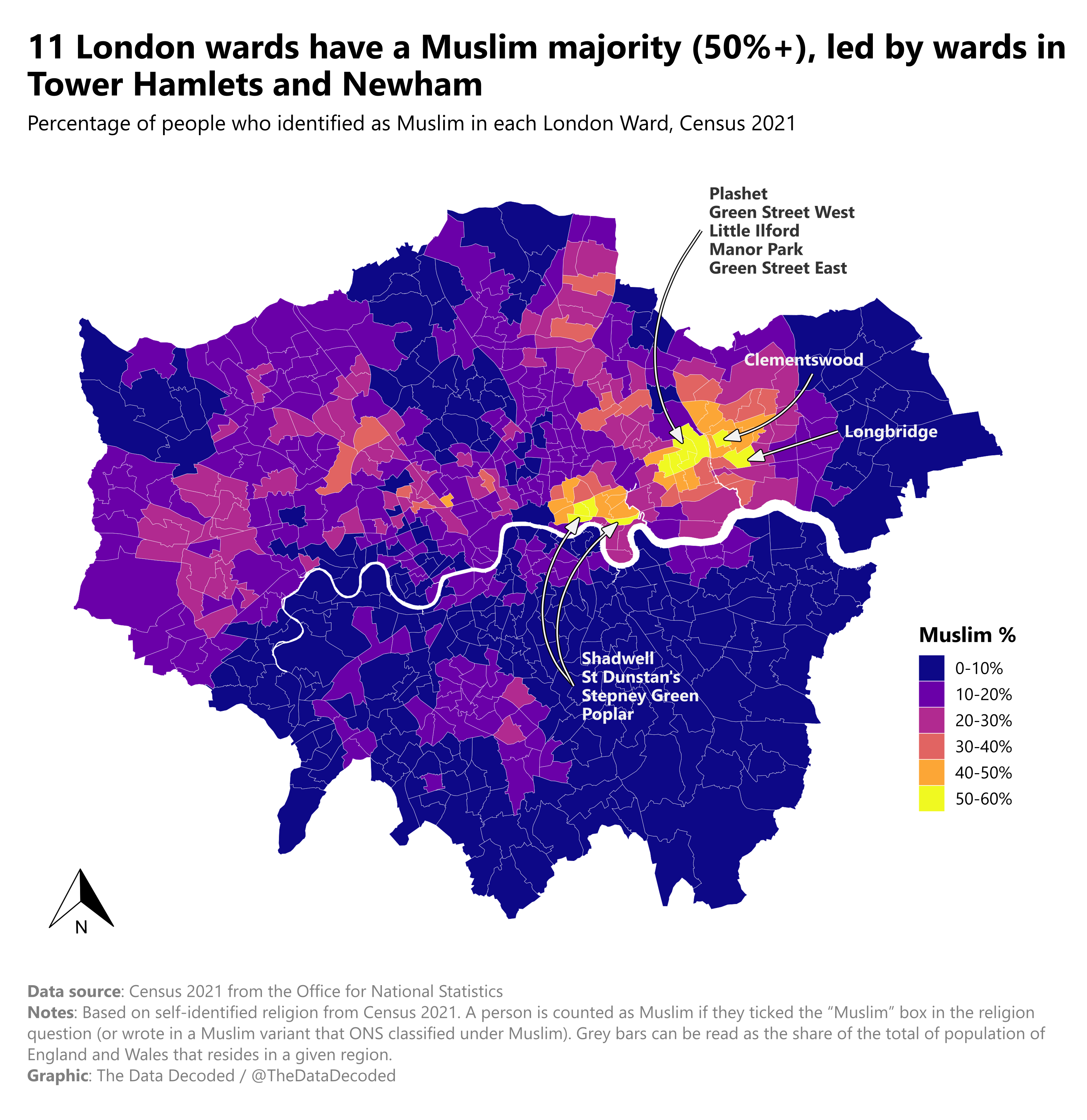 Map of the share of residents identifying as Muslim in each London ward in the 2021 Census.