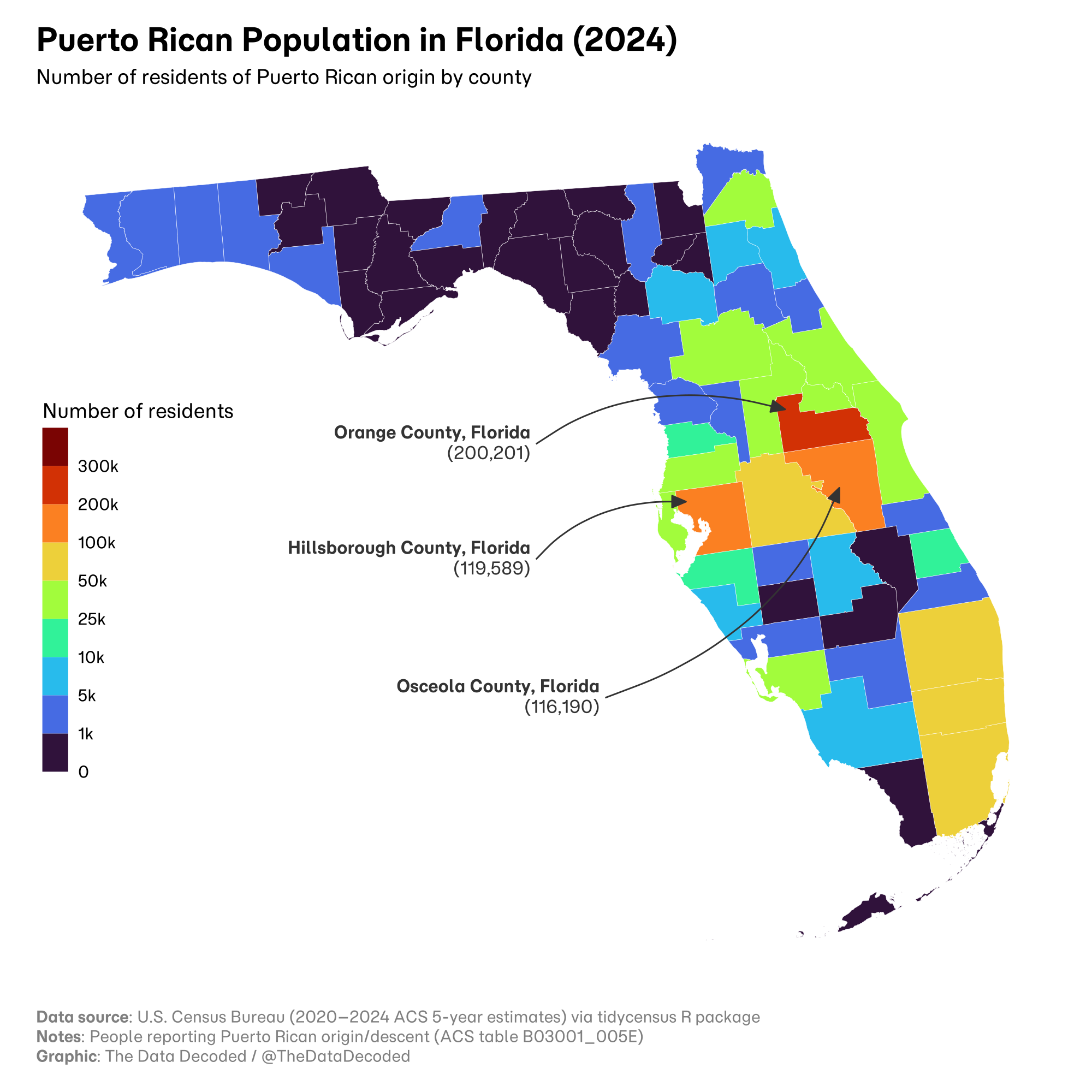 County map of the number of Puerto Rican-origin residents in Florida in 2024.