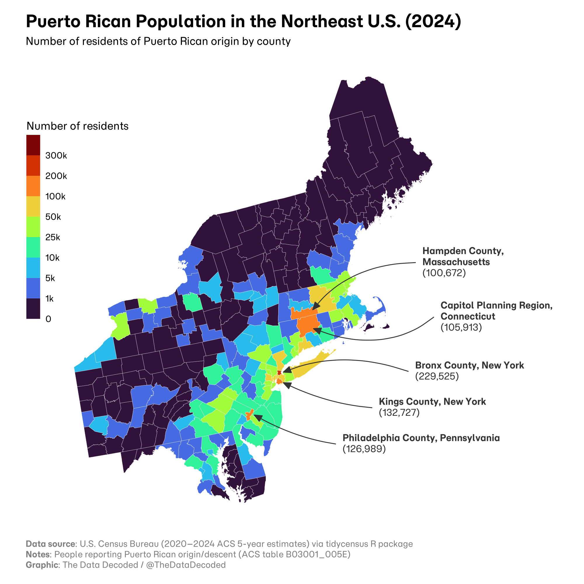 County map of the number of Puerto Rican-origin residents in the northeastern United States in 2024.