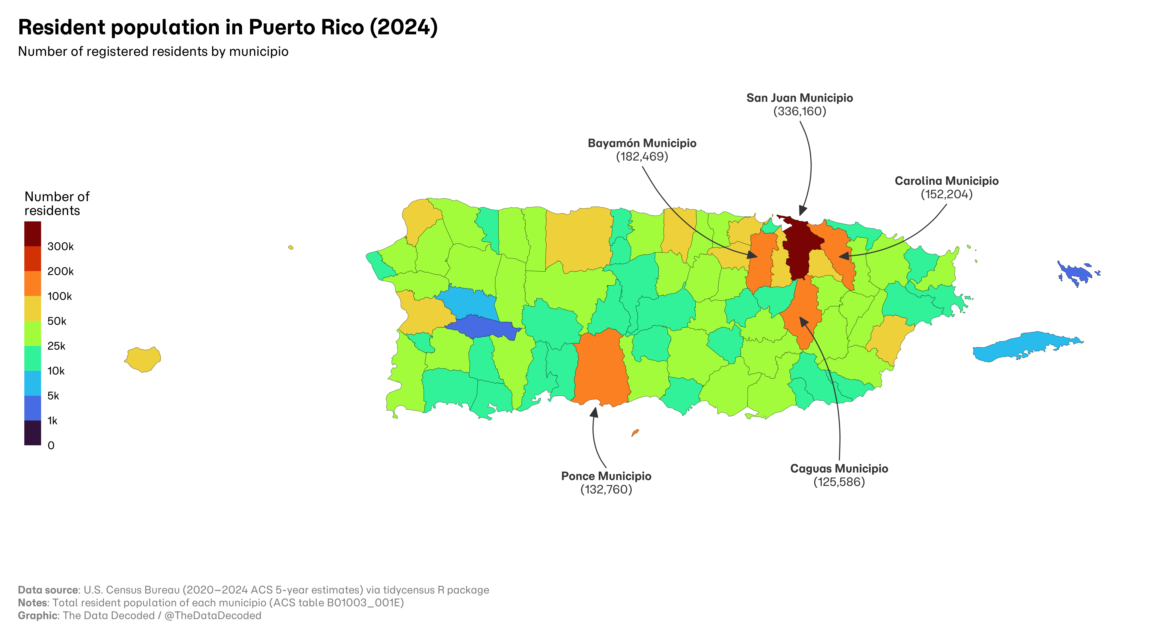 Map of total resident population by Puerto Rican municipio in 2024.