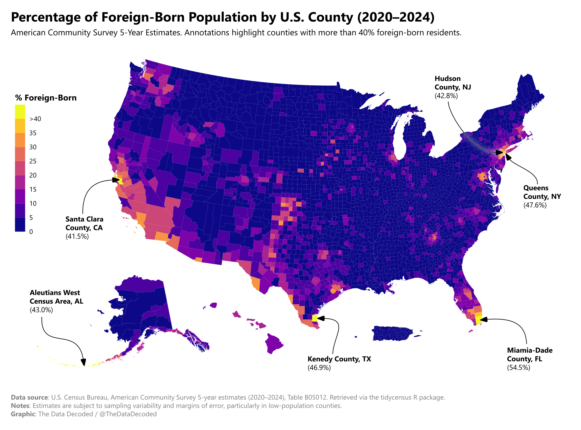 U.S. county map of the foreign-born share of residents in the 2020–2024 American Community Survey estimates, with several high-share counties annotated.